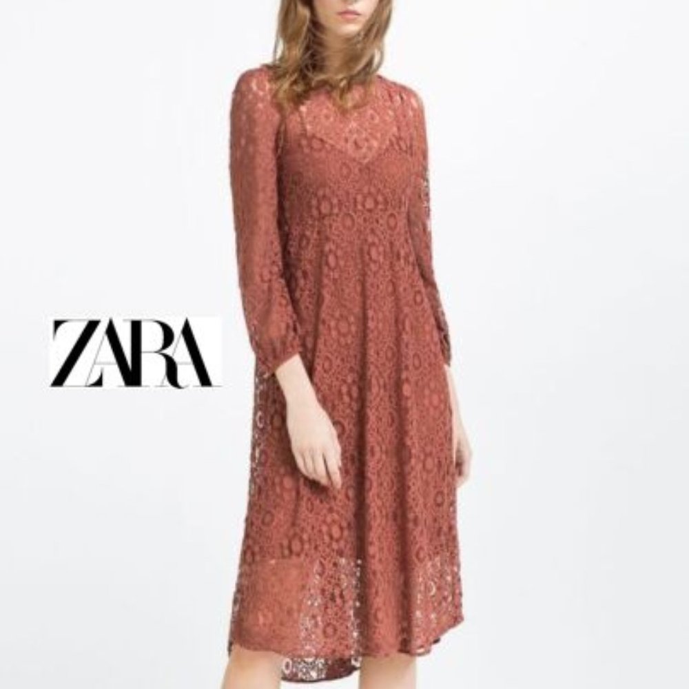 NWT $70 ZARA Women XS Terracotta Lace Overlay Cami Midi Dress Bohemian Elegant